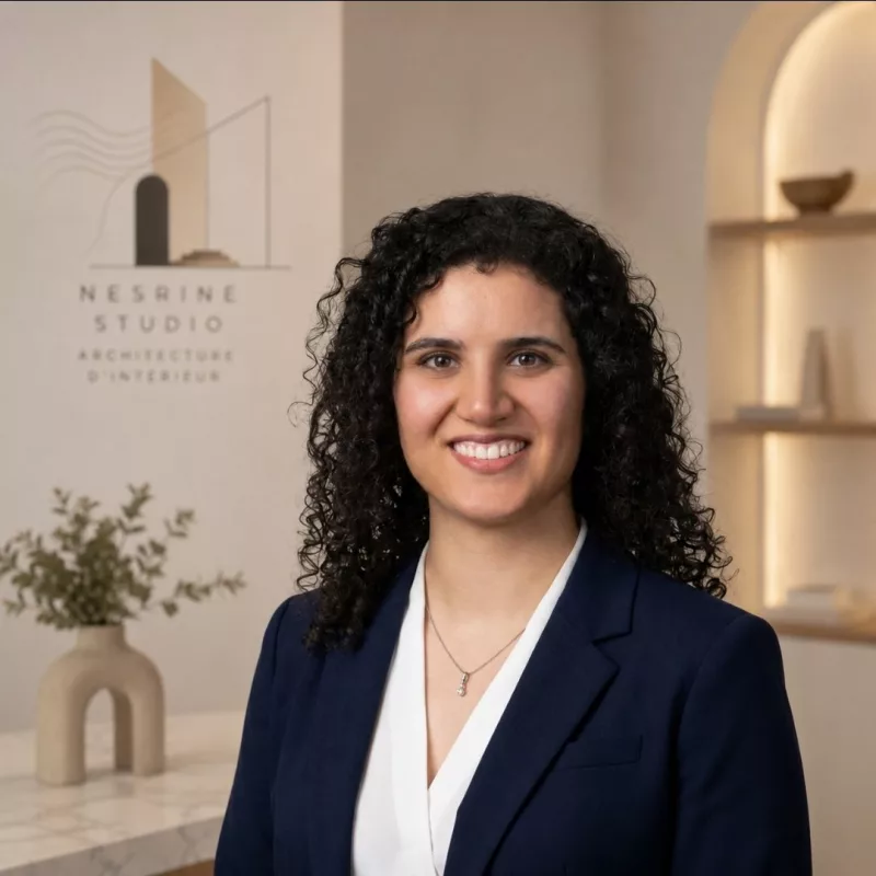 Nesrine Jeridi, architecte d'intérieur, en veste bleu marine devant le mur au logo Nesrine Studio de son bureau