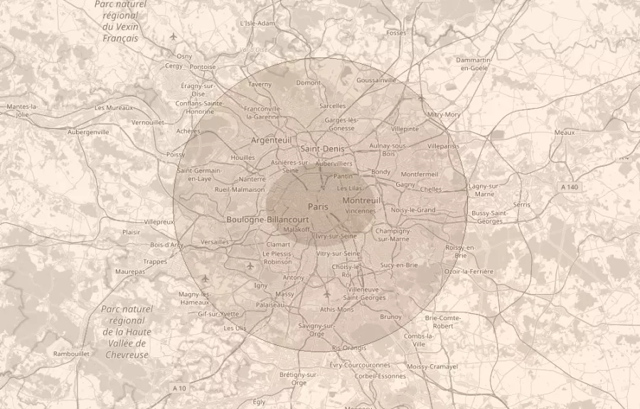 Carte de Paris et de l'Île-de-France : zone d'intervention de Nesrine Studio, architecte d'intérieur