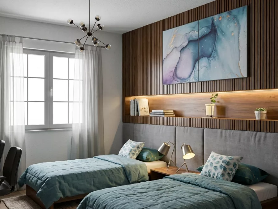 Projection 3D retravaillée du coin nuit, mur en bois cannelé, tableau, étagère éclairée et têtes de lit capitonnées