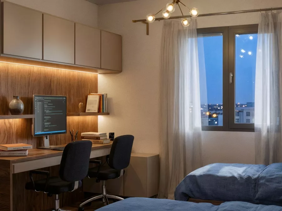 Projection 3D retravaillée du coin bureau, rangements hauts, ruban lumineux et vue sur la ville le soir