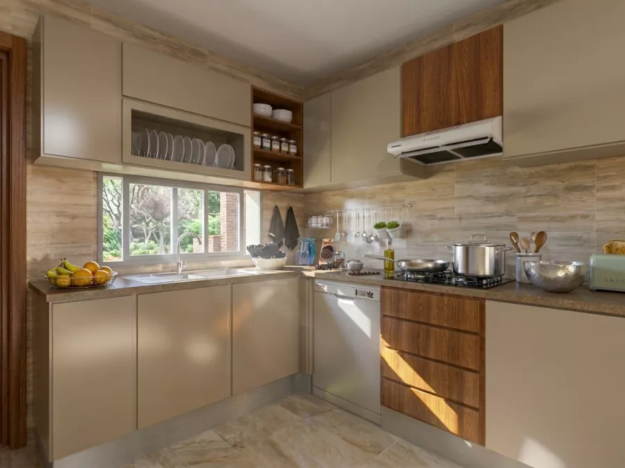Projection 3D retravaillée de la variante en bois chaud de la cuisine en L
