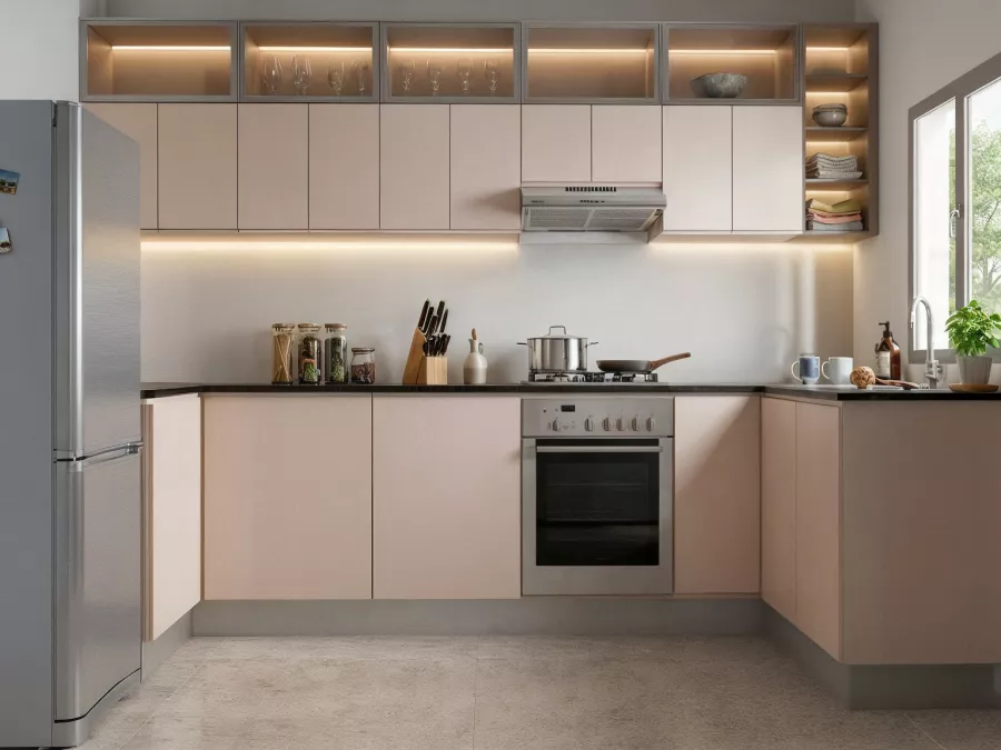Projection 3D retravaillée d'une cuisine en L, façades laquées claires, niches rétroéclairées et réfrigérateur en inox